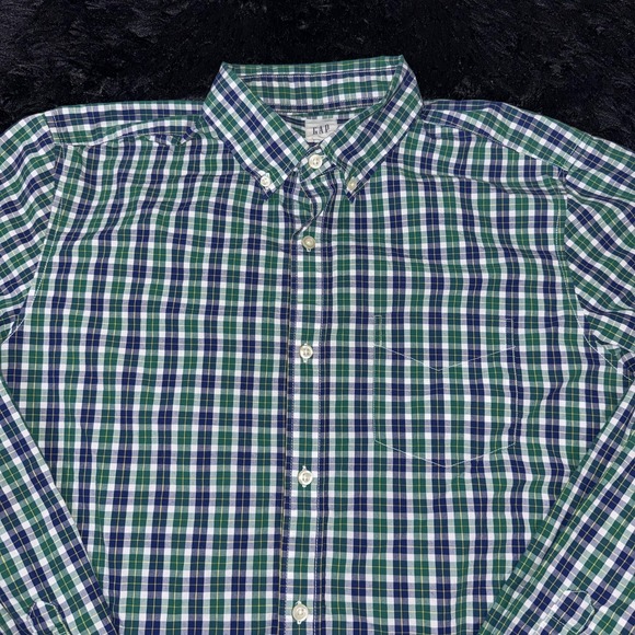 GAP Button Down Shirt Boys XL Green Blue Plaid Check Long Sleeve Casual - Picture 2 of 7